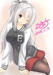Rule 34 | 1girl, 2018, :p, arm support, black jacket, black pantyhose, black ribbon, blush, breasts, casual, closed mouth, collarbone, commentary request, dated, dracu-riot!, elena olegovna owen, eyes visible through hair, grey hair, hair between eyes, hair ribbon, half updo, head tilt, highres, hirocchi, jacket, large breasts, long hair, long sleeves, looking at viewer, miniskirt, multicolored clothes, multicolored jacket, one eye closed, pantyhose, pink background, red eyes, red skirt, ribbon, short ponytail, signature, simple background, sitting, sketch, skirt, smile, solo, tongue, tongue out, two-tone jacket, very long hair, white jacket