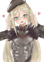 Rule 34 | 1girl, a-545 (girls&#039; frontline), absurdres, beret, black bodysuit, black headwear, blonde hair, blue eyes, bodysuit, covered navel, formal, girls&#039; frontline, glasses, hands on own head, happy, hat, heart, highres, long hair, looking at viewer, open mouth, simple background, smile, suit, teeth, tongue, twintails, upper body, upper teeth only, very long hair, white background, yuuhi50