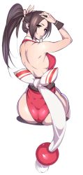 1girl, adjusting hair, armpit peek, ass, back, backless outfit, bare shoulders, bracer, breasts, brown eyes, brown hair, fatal fury, fingernails, from behind, hair ribbon, hair strand, hair tie, hair tie in mouth, hands on own head, high ponytail, highres, huge ass, japanese clothes, kuma8132, large breasts, long hair, looking at viewer, looking back, mouth hold, obi, pelvic curtain, ponytail, ribbon, sash, shadow, shiranui mai, sideboob, simple background, sitting, sleeveless, snk, solo, sweatdrop, the king of fighters, tying hair, wedgie, white background, white ribbon, white sash, wide hips, wrist guards