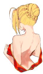 Rule 34 | 10s, 1girl, ahoge, arched back, back, back focus, blonde hair, braid, breasts, facing away, fate/extra, fate/extra ccc, fate (series), frills, hair bun, hand on own chest, highres, kei (soundcross), medium breasts, nape, nero claudius (fate), nero claudius (fate) (all), nero claudius (fate/extra), nude, official alternate costume, shawl, simple background, single hair bun, solo, upper body, white background