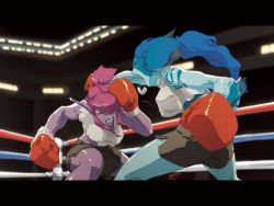 Rule 34 | 2girls, animal ears, arena, blue hair, boxing, boxing gloves, boxing ring, female focus, fighting, monster girl, multiple girls, pink hair, pointy ears, punching, shorts, tagme, tank top