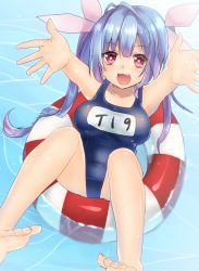 Rule 34 | 10s, 1girl, :d, afloat, barefoot, blue hair, breasts, fang, hair ribbon, i-19 (kancolle), innertube, kantai collection, keita (tundereyuina), large breasts, lifebuoy, long hair, looking at viewer, name tag, one-piece swimsuit, open mouth, outstretched arms, outstretched hand, partially submerged, pink eyes, reaching, reaching towards viewer, ribbon, school swimsuit, smile, solo, star-shaped pupils, star (symbol), swim ring, swimsuit, symbol-shaped pupils, twintails, water