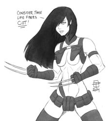 Rule 34 | 10s, 1girl, belt, breasts, call me po, callmepo, claw (weapon), female focus, gloves, greyscale, hair over one eye, harness, holster, kill la kill, laura kinney, long hair, marvel, monochrome, nudist beach uniform, shoulder holster, solo, toned, underboob, utility belt, weapon, white background, x-23, x-men