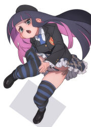 Rule 34 | 1girl, adjusting clothes, adjusting legwear, aqua eyes, black footwear, black hair, black jacket, blue nails, blue necktie, blunt bangs, blunt ends, bow, bow panties, collared shirt, colored inner hair, commentary, fang, foreshortening, frilled skirt, frills, from above, fu-ta, full body, highres, jacket, loafers, long hair, long sleeves, looking at viewer, miniskirt, multicolored hair, nail polish, necktie, open mouth, panties, panty &amp; stocking with garterbelt, pantyshot, pink hair, plaid, plaid skirt, shirt, shoes, side-tie panties, simple background, skirt, solo, standing, standing on one leg, stocking (psg), straight hair, striped clothes, striped panties, striped thighhighs, thighhighs, thighs, underwear, v-shaped eyebrows, very long hair, white background, white shirt