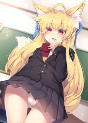 Rule 34 | 1girl, ahoge, animal ear fluff, animal ears, blazer, blonde hair, blue bow, bow, cowboy shot, dutch angle, finger to mouth, fox ears, from below, hair bow, highres, indoors, jacket, long hair, looking at viewer, open mouth, original, panties, pleated skirt, red bow, red eyes, roshin, school uniform, skirt, solo, underwear, white panties