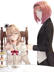 Rule 34 | 2girls, alternate costume, ark royal (kancolle), bad id, bad pixiv id, black hairband, blonde hair, blue eyes, braid, cake, chair, crown, cup, dress, flower, food, french braid, frown, fruit, hair between eyes, hairband, highres, holding, holding cup, irohakaede, jewelry, kantai collection, long hair, long sleeves, mini crown, multiple girls, necklace, off-shoulder dress, off shoulder, red flower, red hair, red ribbon, red rose, ribbon, rose, short hair, simple background, sitting, smile, strawberry, teacup, teapot, tiered tray, warspite (kancolle), white background, white dress
