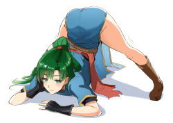 Rule 34 | 1girl, absurdres, ass, black gloves, blush, dress, duplicate, earrings, fingerless gloves, fire emblem, fire emblem: the blazing blade, full body, gloves, green eyes, green hair, high ponytail, highres, jack-o&#039; challenge, jewelry, legs, long hair, looking at viewer, lyn (fire emblem), meme, nintendo, open mouth, ormille, pixel-perfect duplicate, ponytail, simple background, smile, solo, spread legs, top-down bottom-up