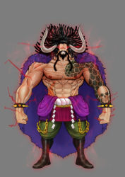Rule 34 | abs, angry, beard, black hair, cape, facial hair, haki, highres, horns, kaidou (one piece), mature male, muscular, muscular arms, muscular legs, muscular male, one piece, pectorals, pirate, pirate costume, red eyes, scar, tattoo
