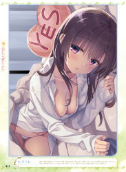 Rule 34 | 1girl, areola slip, blush, breasts, brown hair, cleavage, dengeki moeou, dress shirt, dutch angle, gluteal fold, highres, long hair, long sleeves, looking at viewer, lying, medium breasts, muririn, navel, on side, panties, parted lips, partially unbuttoned, purple eyes, shirt, sleeves past wrists, solo, thigh gap, underwear, white panties, yes-no pillow
