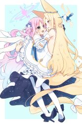 Rule 34 | 2girls, animal ears, bare shoulders, black footwear, blonde hair, blue archive, blush, commentary request, detached sleeves, dress, fingernails, flower, fox ears, frilled dress, frills, hair bun, hair flower, hair ornament, high heels, highres, long hair, mika (blue archive), multiple girls, open mouth, pantyhose, pink hair, purple flower, red eyes, seia (blue archive), single side bun, smile, striped clothes, striped pantyhose, vertical-striped clothes, vertical-striped pantyhose, white dress, white pantyhose, white sleeves, yellow eyes, yun (dust-i1), yuri