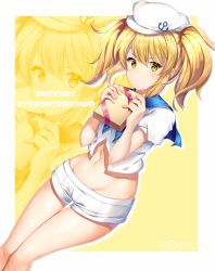 Rule 34 | 1girl, anchor symbol, blonde hair, blue sailor collar, border, box, character name, commentary request, crop top, feet out of frame, groin, hair between eyes, hands up, hat, highres, holding, holding box, kitashirakawa chiyuri, looking at viewer, midriff, navel, outside border, puffy short sleeves, puffy sleeves, sailor collar, sailor hat, sailor shirt, sea scorpion (umisasori), shirt, short hair, short shorts, short sleeves, shorts, sidelocks, silhouette, simple background, solo, stomach, thighs, touhou, touhou (pc-98), twintails, white border, white hat, white shirt, white shorts, yellow background, yellow eyes, zoom layer
