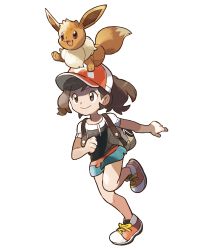 Rule 34 | 1girl, absurdres, animal, animal ears, animal hands, animal on head, backpack, bag, black shirt, blue shorts, brown eyes, brown hair, clenched hand, creatures (company), eevee, elaine (pokemon), female focus, fox tail, full body, game freak, gen 1 pokemon, hand up, hat, highres, leg up, matching hair/eyes, mizutani megumi, nintendo, official art, on head, open mouth, outstretched arm, poke ball theme, pokemon, pokemon (creature), pokemon lgpe, pokemon on head, ponytail, red footwear, red hat, running, shirt, shoes, short shorts, short sleeves, shorts, simple background, smile, tail, transparent background