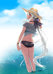 Rule 34 | 1girl, ass, bikini, black bikini, butt crack, caffein, crop top, crop top overhang, from behind, hat, highres, long hair, looking back, parted lips, ponytail, red eyes, revision, see-through, silver hair, solo, swimsuit, thigh gap, very long hair, vocaloid, wading, water, yowane haku