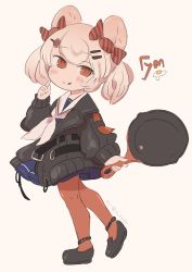 Rule 34 | 1girl, :q, arknights, bad id, bad twitter id, black footwear, black jacket, blue dress, blush stickers, bow, chibi, dress, frying pan, full body, gummy (arknights), hair bow, hair ornament, hairclip, hand up, highres, holding, jacket, long sleeves, looking at viewer, neckerchief, pantyhose, pink hair, red bow, red eyes, red pantyhose, sailor collar, sailor dress, shoes, short hair, simple background, smile, solo, striped, striped bow, tongue, tongue out, tsukiori, twintails, twitter username, white background, white neckerchief, white sailor collar