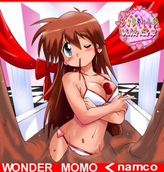 Rule 34 | 1girl, between breasts, bikini, blue eyes, blush, breasts, brown hair, character name, chocolate, cleavage, company name, earrings, food, heart, heart earrings, highres, jewelry, kanda momo, large breasts, logo, long hair, looking at viewer, mouth hold, namco, one eye closed, pocky, smile, solo, swimsuit, valentine, wink, wonder momo