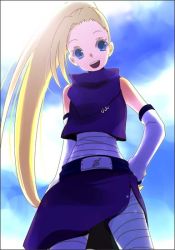 Rule 34 | 1girl, :d, aged down, bandages, blonde hair, blue eyes, female focus, from below, gradient background, hand on own hip, hip focus, long hair, naruto, naruto (series), open mouth, outdoors, ponytail, skirt, sky, smile, solo, white background, yamanaka ino, yoshizuna