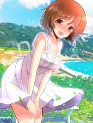 Rule 34 | 1girl, beach, blue sky, blush, brown eyes, brown hair, casual, cloud, cloudy sky, commentary, day, dress, dress tug, flying sweatdrops, girls und panzer, highres, kumaisao, leaf, leaning forward, looking at viewer, medium dress, nishizumi miho, open mouth, outdoors, short hair, sky, sleeveless, sleeveless dress, smile, solo, standing, sundress, sweatdrop, white dress, wind, wind lift