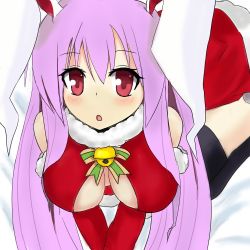 Rule 34 | 1girl, all fours, animal ears, bell, black legwear, breasts, breasts apart, cleavage cutout, clothing cutout, female focus, gradient background, large breasts, long hair, open mouth, pink hair, purple hair, rabbit ears, red eyes, reisen udongein inaba, revealing layer, santa costume, sleeveless, solo, sprout (33510539), touhou