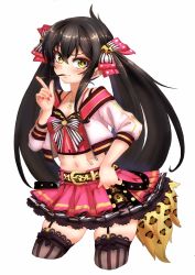 Rule 34 | 1girl, absurdres, animal print, belt, belt buckle, black hair, blush, bow, buckle, commentary request, cropped jacket, cropped legs, fake tail, food, food in mouth, garter straps, hair between eyes, hair ribbon, heart, heart necklace, highres, idolmaster, idolmaster cinderella girls, jacket, jewelry, layered skirt, leopard print, long hair, looking at viewer, matoba risa, midriff peek, misairu, nail polish, navel, necklace, open clothes, open jacket, pink nails, pocky, pocky day, ribbon, sidelocks, simple background, skindentation, skirt, solo, striped, striped bow, tail, thighhighs, twintails, vertical stripes, white background, yellow eyes
