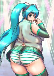 Rule 34 | 1girl, aqua eyes, ass, blue hair, breasts, chocolate, hatsune miku, headset, highres, huge ass, large breasts, orizen, panties, plump, striped clothes, striped panties, underwear, vocaloid