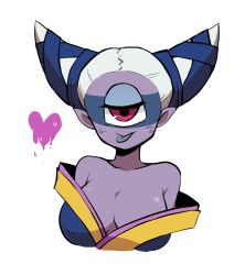 Rule 34 | 10s, 1girl, bad id, bad pixiv id, bare shoulders, breasts, colored skin, cropped torso, cyclops, fuumin (youkai watch), half-closed eyes, heart, kiitos12, large breasts, looking at viewer, monster girl, one-eyed, pink eyes, pointy ears, purple skin, simple background, solo, tongue, tongue out, upper body, white background, traditional youkai, youkai watch
