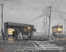 Rule 34 | bus stop, crosswalk, lights, natsuchiyo, original, power lines, rain, scenery, streetcar, vending machine
