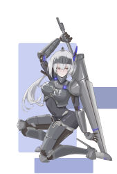 Rule 34 | 1girl, absurdres, alternate costume, alternate hair length, alternate hairstyle, commentary request, covered navel, cyborg, grey hair, headgear, highres, holding, holding polearm, holding weapon, huge weapon, joints, knight, long hair, mecha musume, mo geng, polearm, ponytail, punishing: gray raven, robot joints, rosetta (punishing: gray raven), sidelocks, weapon, weapon request, yellow eyes