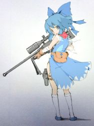Rule 34 | 1girl, anti-materiel rifle, blue dress, blue eyes, blue hair, bolt action, bow, cirno, dress, fingerless gloves, gloves, gun, hair bow, highres, ice, ice wings, looking at viewer, lunavivienne, matching hair/eyes, open mouth, pgm hecate ii, ribbon, rifle, ru bibi, scarf, short hair, sniper rifle, solo, touhou, weapon, wings