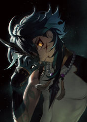 Rule 34 | 1boy, arm tattoo, bead necklace, beads, black hair, blood, blue hair, broken mask, cuts, eyeshadow, genshin impact, gloves, green gloves, hair between eyes, highres, injury, jewelry, kokollet, looking at viewer, makeup, male focus, mask, mask over one eye, multicolored hair, necklace, orange eyes, red eyeshadow, signature, solo, tassel, tattoo, upper body, xiao (genshin impact)