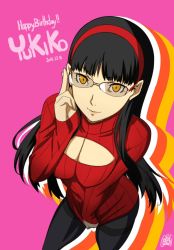Rule 34 | 1girl, adjusting eyewear, amagi yukiko, black hair, black pantyhose, breasts, cleavage, cleavage cutout, clothing cutout, covered erect nipples, from above, gentle sasaki, glasses, hairband, highres, jpeg artifacts, lips, long hair, md5 mismatch, meme attire, open-chest sweater, orange eyes, pantyhose, persona, persona 4, resized, resolution mismatch, ribbed sweater, rimless eyewear, shadow (persona), shadow yukiko, shirt tug, sleeves past wrists, smile, solo, source larger, sweater, thighband pantyhose, turtleneck