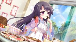 Rule 34 | 1girl, apron, baking, black hair, blue kimono, blue sky, bow, candy, chocolate, chocolate bar, chocolate on hand, cloud, cookie, day, dot nose, drawing (object), dutch angle, film grain, floral print, food, food on hand, frilled apron, frills, fruit, game cg, hair bow, heart-shaped cookie, holding, holding spatula, ichikishima mizuha, icing, izumi tsubasu, japanese clothes, kimono, large bow, lens flare, licking, licking finger, long hair, looking at viewer, mixing bowl, non-web source, official art, plate, plate stack, print kimono, purple eyes, purple kimono, re:stage!, sky, solo, sparkle, spatula, straight hair, strawberry, tongue, tongue out, tree, two-tone kimono, white apron, white bow, window, window blinds
