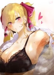Rule 34 | 1girl, absurdres, armpit focus, armpits, black bra, blonde hair, bra, breasts, hair ribbon, hero neisan, highres, large breasts, long hair, nijisanji, open clothes, open shirt, puckered lips, purple eyes, ribbon, shirt, solo, steaming body, sweat, takamiya rion, twintails, underwear, undressing, upper body, virtual youtuber, wet, wet clothes, wet shirt