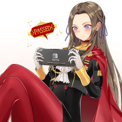 Rule 34 | 1girl, absurdres, alternate hair color, ascot, blue eyes, blush, breasts, brown hair, cape, controller, crossed legs, edelgard von hresvelg, fire emblem, fire emblem: three houses, game console, game controller, garreg mach monastery uniform, gloves, hair ornament, hair ribbon, handheld game console, highres, holding, holding handheld game console, joy-con, long hair, medium breasts, nintendo, nintendo switch, pantyhose, playing games, red cape, red pantyhose, ribbon, septoleaf, simple background, sitting, smile, solo, spoilers, uniform, white background
