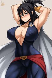 Rule 34 | 1girl, absurdres, armpits, arms behind head, artist name, black eyes, black hair, blush, bodysuit, boku no hero academia, breasts, cameltoe, cape, cleavage, cleft of venus, collarbone, covered erect nipples, gloves, grey background, hair between eyes, highres, jmg, large breasts, long hair, looking at viewer, mature female, mole, mole on breast, mole under mouth, muscular, muscular female, ponytail, shimura nana, simple background, skin tight, sleeveless, sleeveless bodysuit, solo, thick thighs, thighs