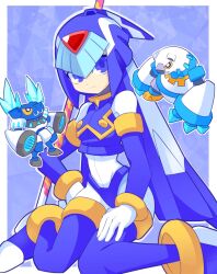 Rule 34 | 1girl, android, blue background, blue eyes, breasts, facing viewer, gloves, helmet, highres, fairy leviathan (mega man), light smile, medium breasts, mega man (series), mega man zero (series), omeehayo, robot girl, simple background, small breasts, solo, weapon, white gloves
