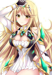 Rule 34 | 1girl, arm up, bare shoulders, black gloves, blonde hair, breasts, cleavage, cleavage cutout, closed mouth, clothing cutout, detached sleeves, dress, gloves, hair between eyes, highres, kirishima riona, large breasts, long hair, long sleeves, mythra (xenoblade), pleated dress, smile, solo, very long hair, white background, white dress, white sleeves, xenoblade chronicles (series), xenoblade chronicles 2, yellow eyes