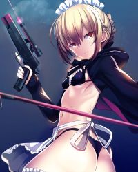 Rule 34 | apron, artoria pendragon (all), artoria pendragon (alter swimsuit rider) (second ascension) (fate), artoria pendragon (fate), bikini, black bikini, blonde hair, breasts, brown eyes, cocked hammer, fate/grand order, fate (series), gun, highres, holding, holding gun, holding weapon, laser, laser pointer projection, laser sight, looking at viewer, maid headdress, saber alter, silly (marinkomoe), small breasts, solo, swimsuit, trigger discipline, weapon