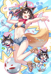 Rule 34 | &gt; &lt;, 1girl, ;d, animal ear fluff, animal ears, armpits, bikini, black hair, blue archive, bottle, bracelet, breasts, brown eyes, chibi, chibi inset, cleavage, commentary request, denim, denim shorts, eretto, eyeshadow, flower, fox ears, fox girl, fox tail, hair between eyes, hair flower, hair ornament, highres, holding, holding bottle, izuna (blue archive), izuna (swimsuit) (blue archive), jewelry, knees together feet apart, looking at viewer, makeup, medium breasts, medium hair, navel, ninja, official alternate costume, one eye closed, open mouth, pom pom (clothes), pom pom hair ornament, ramune, red eyeshadow, red scarf, rope, sandals, scarf, scrunchie, shimenawa, short shorts, shorts, sidelocks, sleeveless, smile, solo, stomach, striped bikini, striped clothes, sunflower, sunflower hair ornament, swimsuit, tail, visor cap, wrist scrunchie, x x
