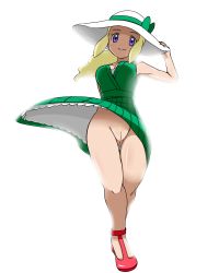 Rule 34 | 1girl, :d, blonde hair, bloom, blush, cleft of venus, colored pubic hair, creatures (company), dress, female focus, female pubic hair, full body, game freak, green dress, hand on headwear, hat, lady (pokemon), long hair, looking at viewer, nintendo, no panties, npc trainer, open mouth, petticoat, pokemon, pubic hair, purple eyes, pussy, refuto, shoes, sidelocks, simple background, smile, solo, sun hat, uncensored, upskirt, walking, white background, wind, wind lift