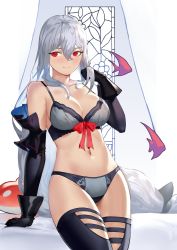 Rule 34 | 1girl, arknights, arm cuffs, arm support, bare arms, bare shoulders, black bra, black gloves, black headwear, black panties, black thighhighs, blue eyes, blush, bow, bra, breasts, cleavage, closed mouth, clothing cutout, cowboy shot, embarrassed, fish, gloves, highres, holding, holding hair, lingerie, long hair, looking to the side, low-tied long hair, lynnete, medium breasts, navel, panties, red bow, red eyes, sideways glance, silver hair, skadi (arknights), smile, solo, stuffed orca, thigh cutout, thighhighs, thighs, underwear, very long hair