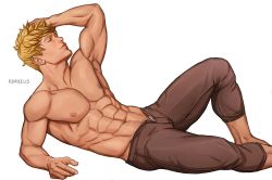 Rule 34 | 1boy, abs, artist name, bara, blonde hair, brown pants, closed eyes, closed mouth, granblue fantasy, hand on own head, highres, large pectorals, lying, male focus, marcus (rnarccus), muscular, muscular male, navel, nipples, on back, open fly, open pants, pants, pants rolled up, pectorals, short hair, solo, topless male, vane (granblue fantasy), white background