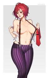 Rule 34 | 1girl, breasts, covered erect nipples, highres, large breasts, looking down, open clothes, open shirt, patterned clothing, red eyes, red hair, red tie, short hair, solo, suspenders, the king of fighters, vanessa (kof), whysoblau