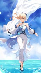 Rule 34 | 1girl, adapted costume, bare shoulders, blonde hair, blue eyes, blue sky, bow, breasts, chalkori, commentary, detached sleeves, genshin impact, grin, hair between eyes, hair bow, highres, jean (genshin impact), jean (sea breeze dandelion) (genshin impact), long hair, long sleeves, looking at viewer, medium breasts, official alternate costume, outdoors, pants, parted lips, ponytail, sidelocks, sky, smile, solo, water