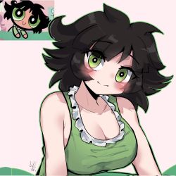 Rule 34 | 1girl, adzn1920, aged up, alternate breast size, black hair, blush, blush visible through hair, breasts, bright pupils, buttercup (ppg), buttercup redraw challenge (meme), collar, derivative work, frilled collar, frills, green eyes, green outline, green tank top, highres, large breasts, looking at viewer, medium hair, meme, messy hair, outline, pink background, powerpuff girls, reference inset, screenshot inset, screenshot redraw, sleeveless, smile, solo, tank top, white pupils