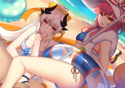 Rule 34 | 2girls, :3, :d, beach, bikini, blue bikini, bow, bracelet, breasts, cleavage, day, dutch angle, fate/grand order, fate (series), hair bow, head rest, horns, innertube, jewelry, kiyohime (fate), kiyohime (swimsuit lancer) (third ascension) (fate), lio (rumei2265874644), long hair, looking at viewer, lying, medium breasts, multiple girls, open mouth, orange eyes, outdoors, parted lips, pink hair, ponytail, red eyes, side-tie bikini bottom, sitting, smile, smirk, swim ring, swimsuit, tail, tamamo (fate), tamamo no mae (fate/extra), tamamo no mae (swimsuit lancer) (fate), tamamo no mae (swimsuit lancer) (third ascension) (fate), white hair, yokozuwari