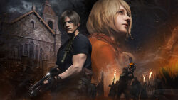 Rule 34 | 1boy, 1girl, ashley graham, black shirt, blonde hair, chainsaw, church, closed mouth, fence, gun, hand on own chest, highres, holding, holding chainsaw, holding torch, holding weapon, jacket, knife, knife sheath, knife sheath, leon s. kennedy, muscular, official art, official wallpaper, orange jacket, red scarf, resident evil, resident evil 4, resident evil 4 (remake), scarf, second-party source, sheath, shirt, shotgun, sky, torch, village, weapon