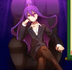 Rule 34 | 1girl, black jacket, black skirt, chair, flat chest, hair between eyes, head rest, high ponytail, highres, jacket, long hair, looking at viewer, mikado (blazblue), office chair, pantyhose, parted lips, ponytail, purple hair, red eyes, shirt, sitting, skirt, solo, suit jacket, swivel chair, very long hair, white shirt