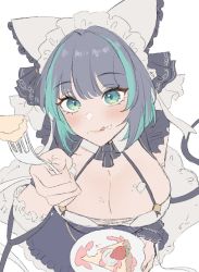 Rule 34 | 1girl, aqua eyes, aqua hair, azur lane, black dress, black hair, blush, breasts, cheesecake, cheshire (azur lane), cleavage, commentary, cream, cream on body, cream on face, dress, expulse, feeding, food, food on face, fork, frilled headband, from above, fruit, holding, holding fork, holding plate, large breasts, licking lips, lips, looking at viewer, maid headdress, multicolored hair, plate, short hair, simple background, smile, solo, strawberry, streaked hair, symbol-only commentary, tongue, tongue out, two-tone hair, white background