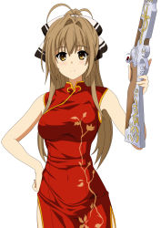 Rule 34 | 10s, 1girl, absurdres, amagi brilliant park, antenna hair, blush, breasts, brown hair, china dress, chinese clothes, dress, gun, hand on own hip, highres, japanese clothes, kimono, knightstar, long hair, medium breasts, musket, ponytail, sento isuzu, simple background, solo, weapon, white background, yellow eyes, yukata