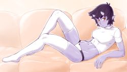 Rule 34 | 1girl, :&lt;, abs, bare arms, black hair, bow, bow panties, breasts, colored skin, couch, crop top, full body, groin, highres, horns, ittla, large breasts, looking at viewer, midriff, navel, no shoes, oni horns, orange eyes, original, panties, pointy ears, purple skin, reclining, shirt, short hair, slit pupils, solo, t-shirt, thick eyebrows, thighhighs, ume (ittla), underwear, white shirt, white thighhighs